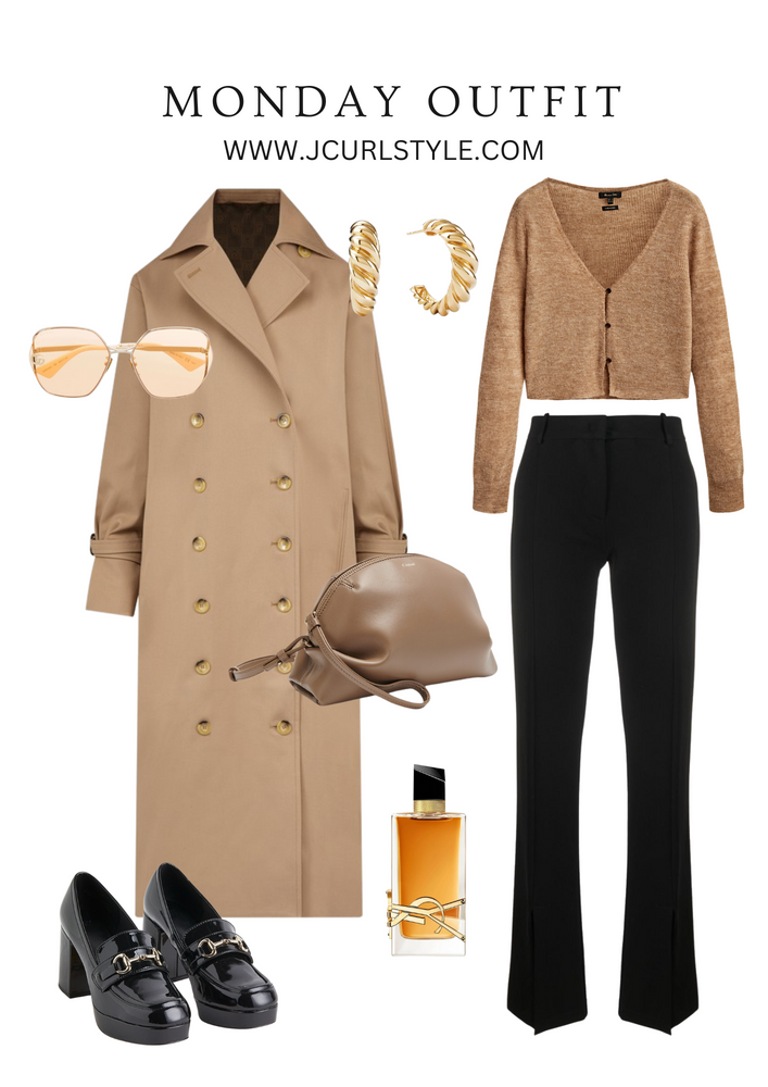 Outfit idea with long camel trench coat