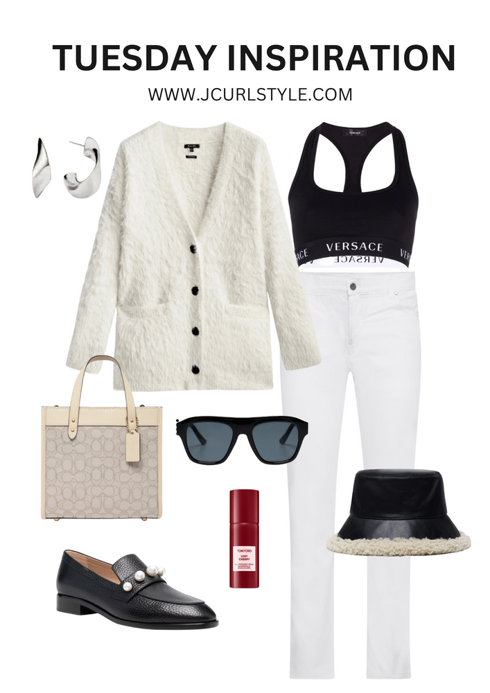 Outfit idea with white jeans and teddy cardigan