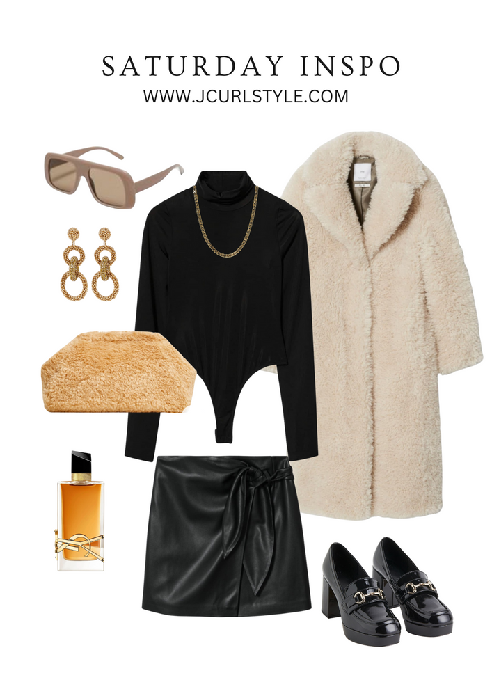 Fall outfit idea with faux leather mini skirt