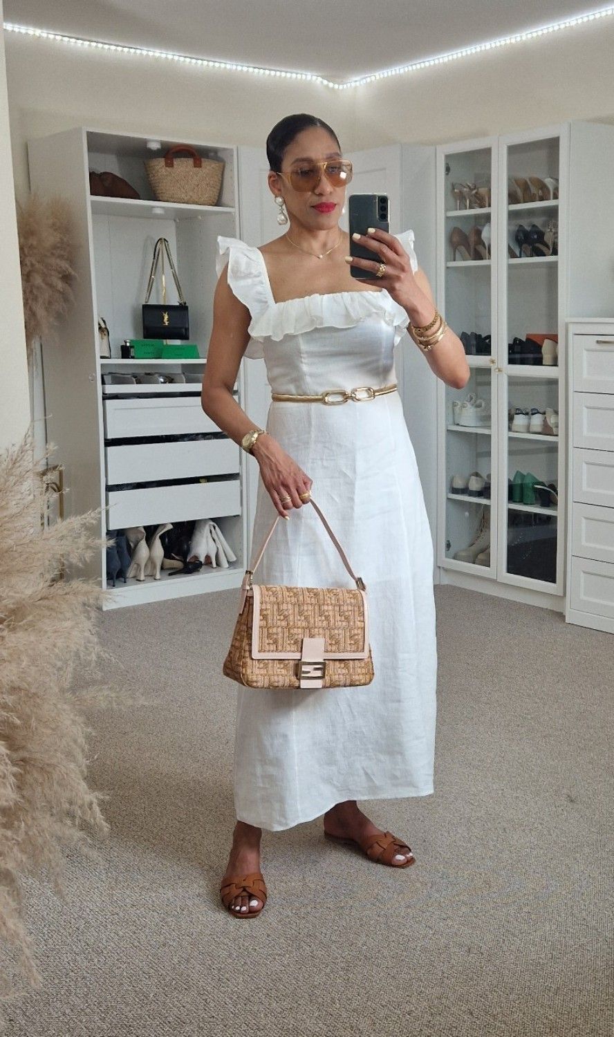 White dress with gold accesories summer outfit