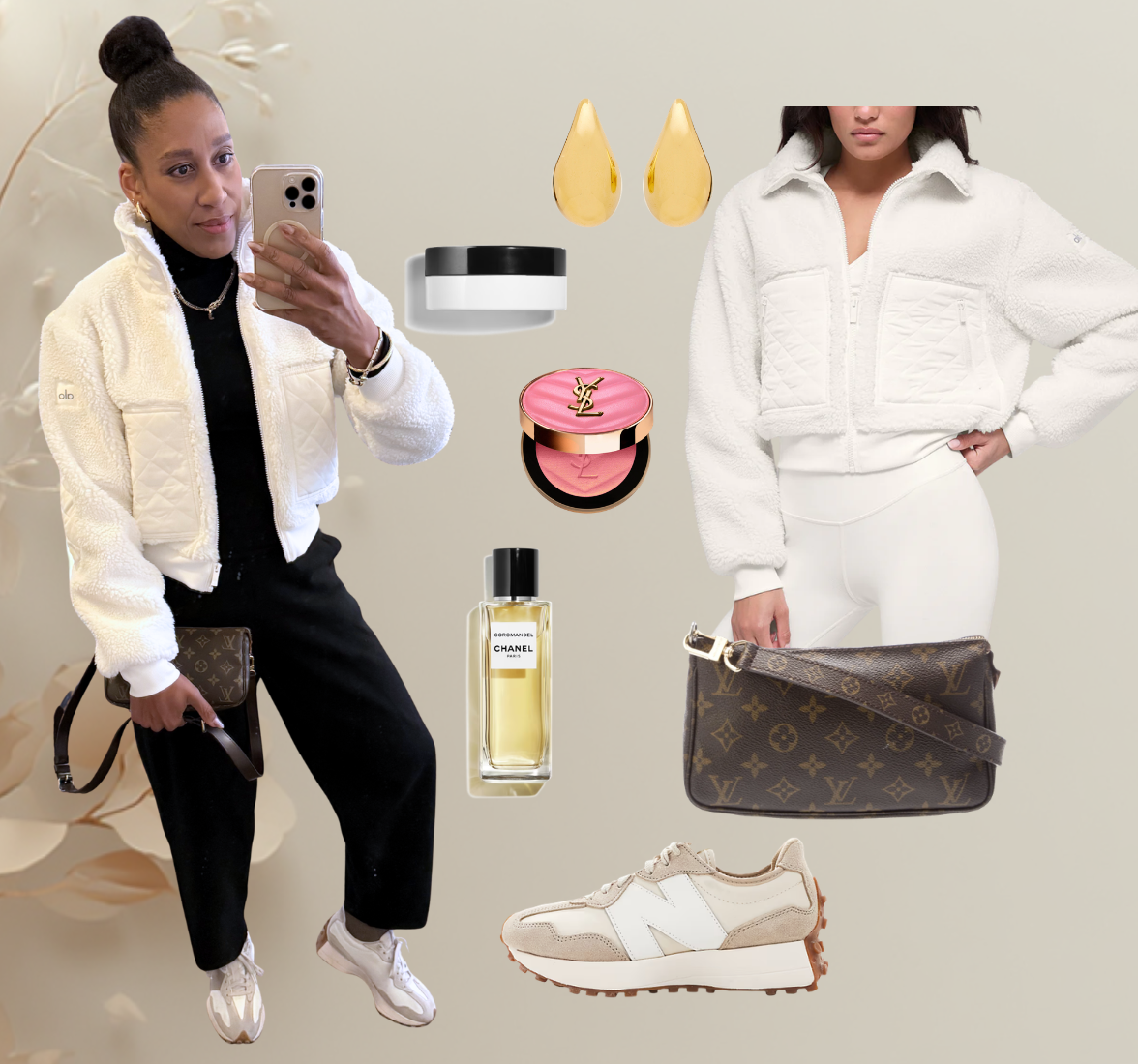 Outfit idea with black trousers, turtleneck, and my Jacket is from Alo Yoga, New balance sneakers, my perfume is chanel, and chanel lip balm, YSL blush and my bag is the Louis Vuitton Pochette Accessoire.